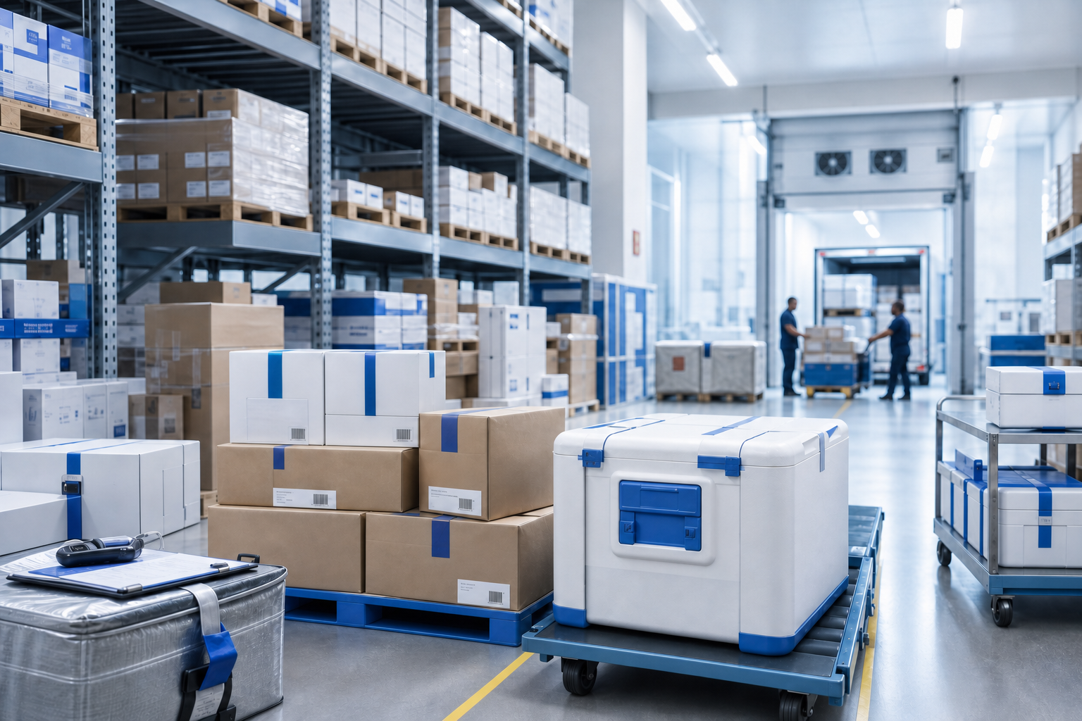 Healthcare logistics warehouse with sealed cartons and cold-chain shipping containers
