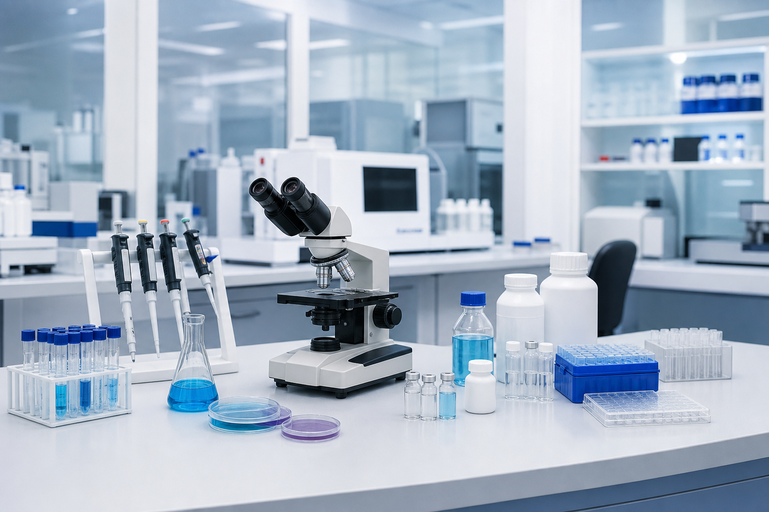 Modern laboratory instruments, reagents, and consumables arranged on a clean lab bench