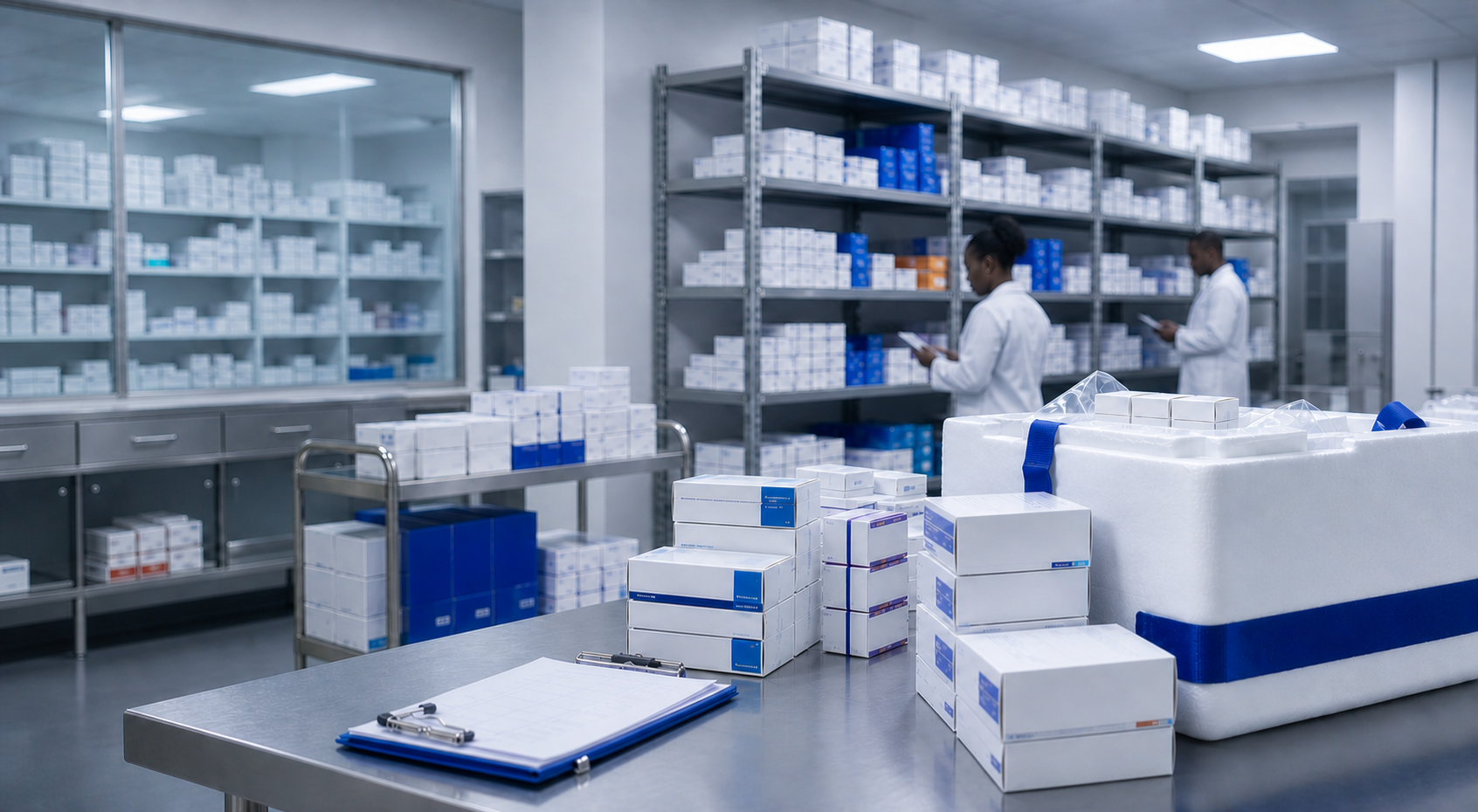 Clean pharmaceutical storage with sealed medicine boxes and cold-chain packaging